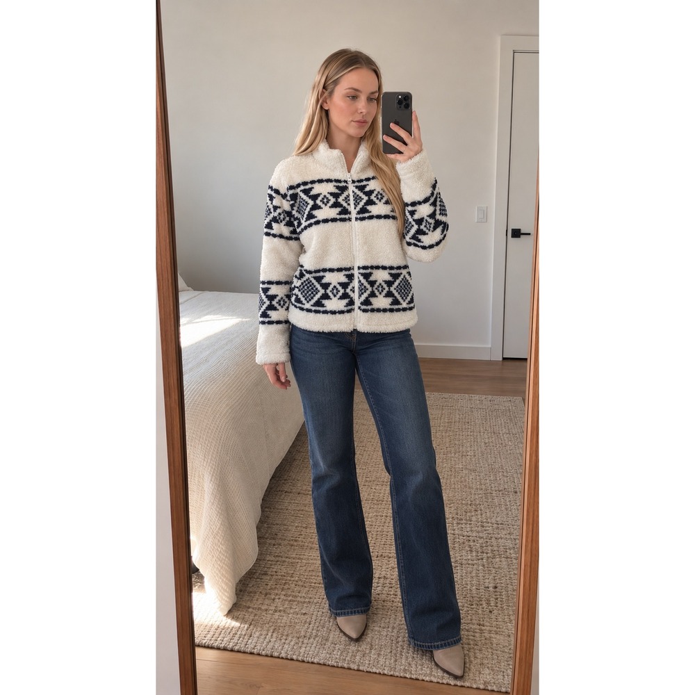 Lucky Brand Womens Sherpa Pullover L Cream Black Half Zip Southwestern Cozy